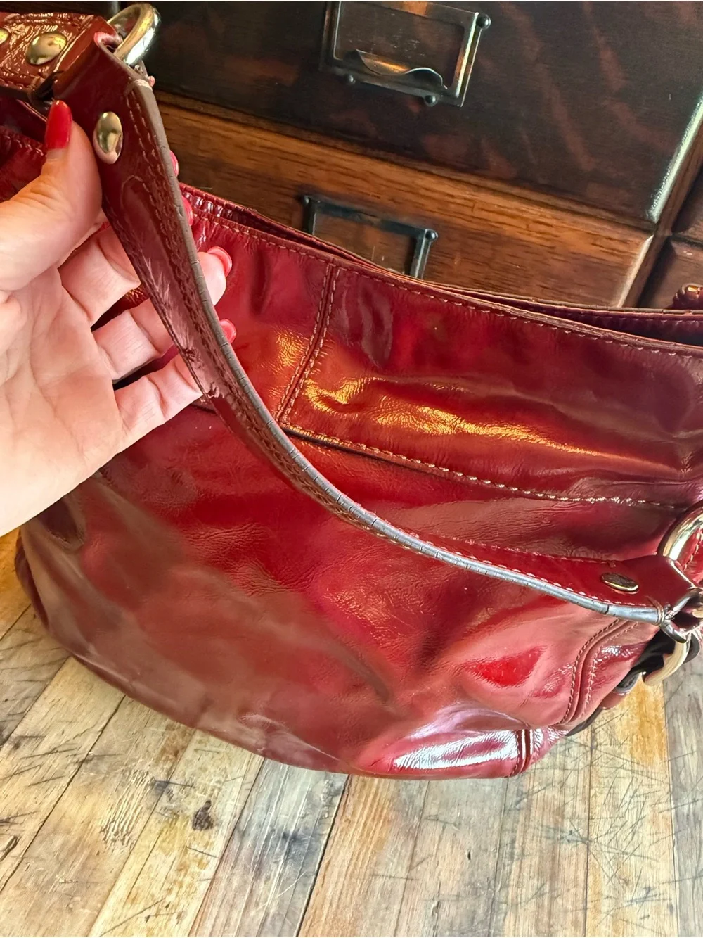 Coach Red Patent Leather Shoulder Bag with Silver Hardware